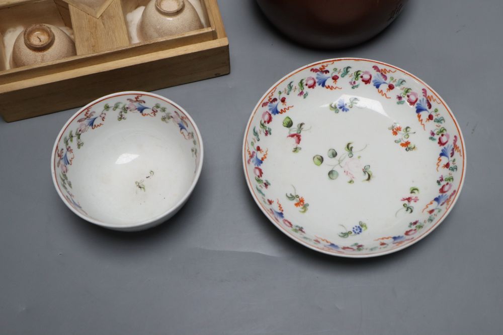 A Japanese Ko Satsuma Chawan, 18th century, a Newhall tea bowl and saucer and a Yixing style redware teapot,